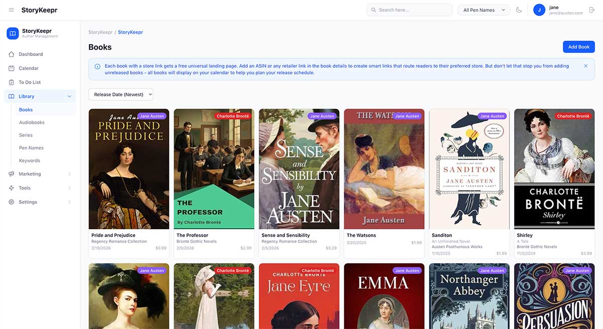 StoryKeepr dashboard showing your book catalog with covers, series, and sidebar navigation