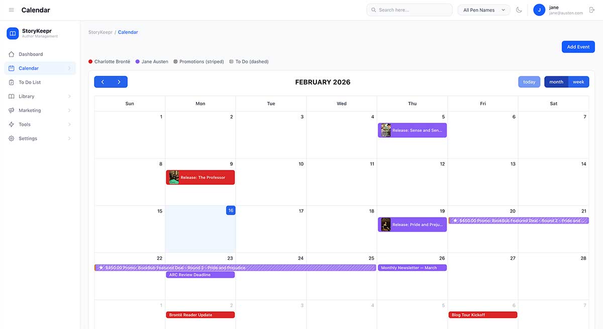 Release calendar showing upcoming book launches and promotion events
